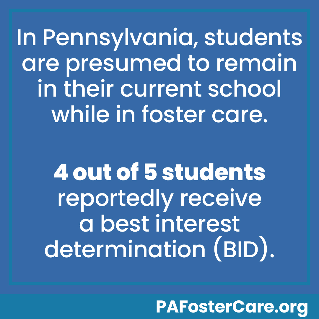 In Pennsylvania, students are presumed to remain in their current school while in foster care. 4 out of 5 students reportedly receive a best interest determination (BID). PA Foster Care dot org