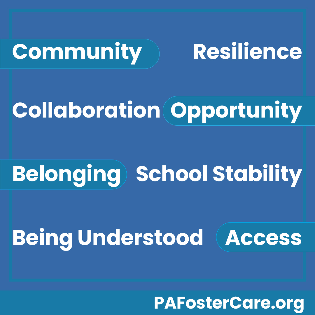 Community, Resilience, Collaboration, Opportunity, Belonging, School Stability, Being Understood, Access. PA Foster Care dot org